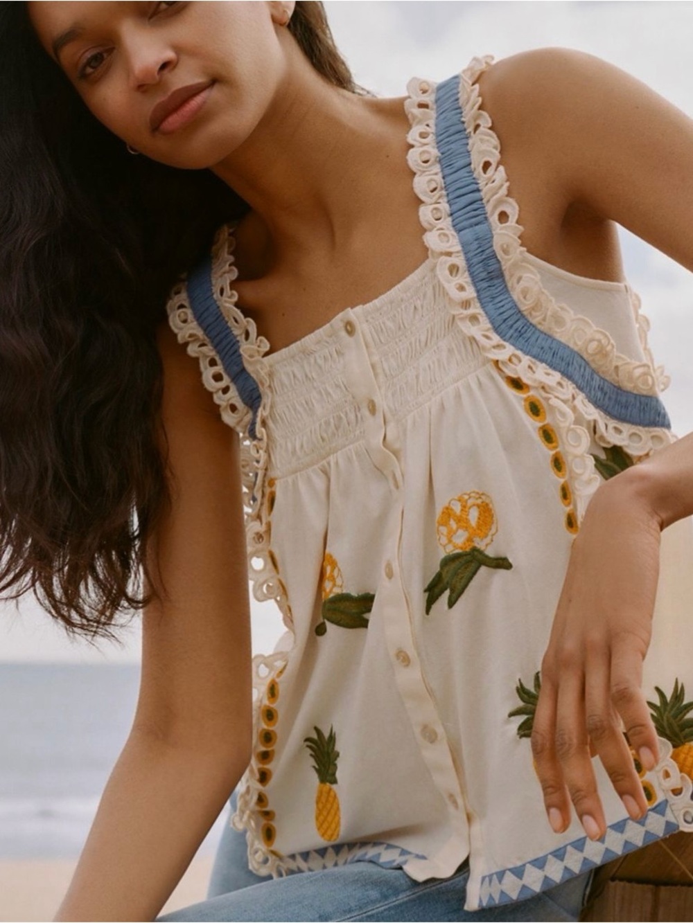 Anthropologie Cream Floral Pineapple Embroidered Tank Top with Blue Trim | Sz: S